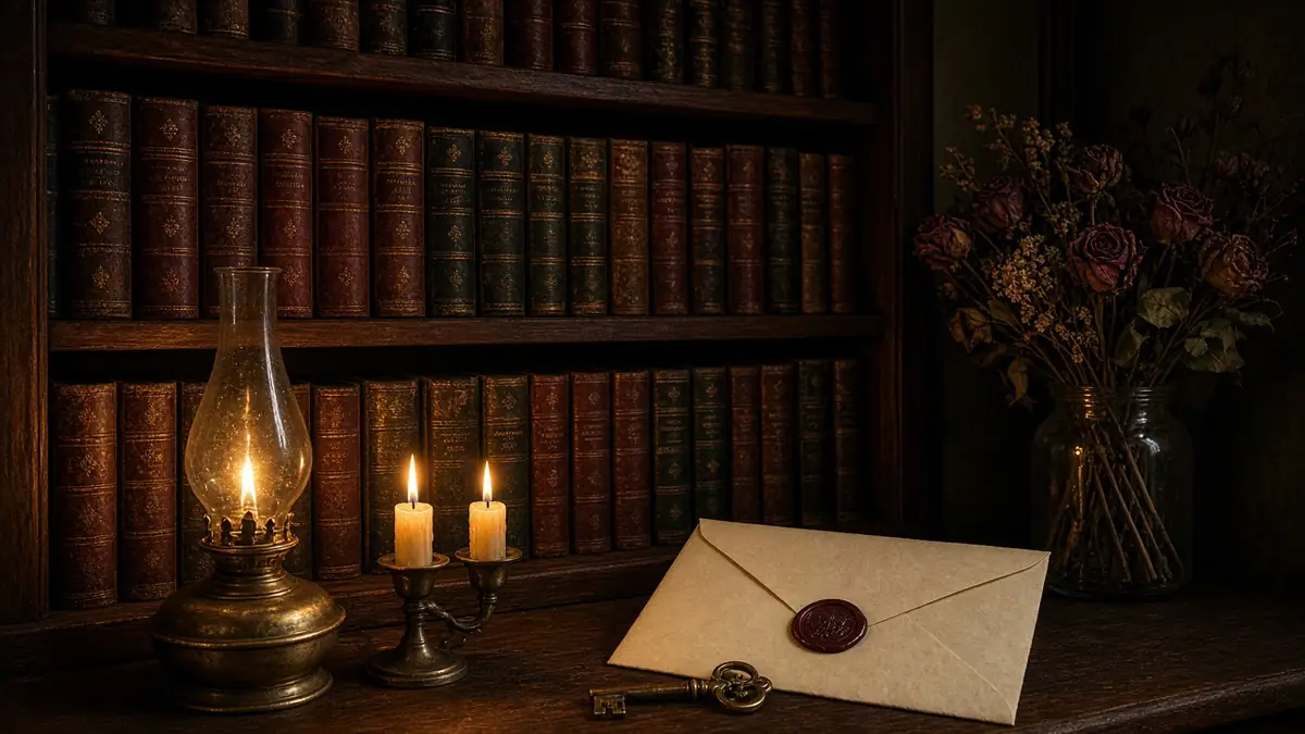 A parchment envelope sealed with burgundy wax beside an antique brass key, a brass oil lamp, lit candles and shelves of leather-bound books