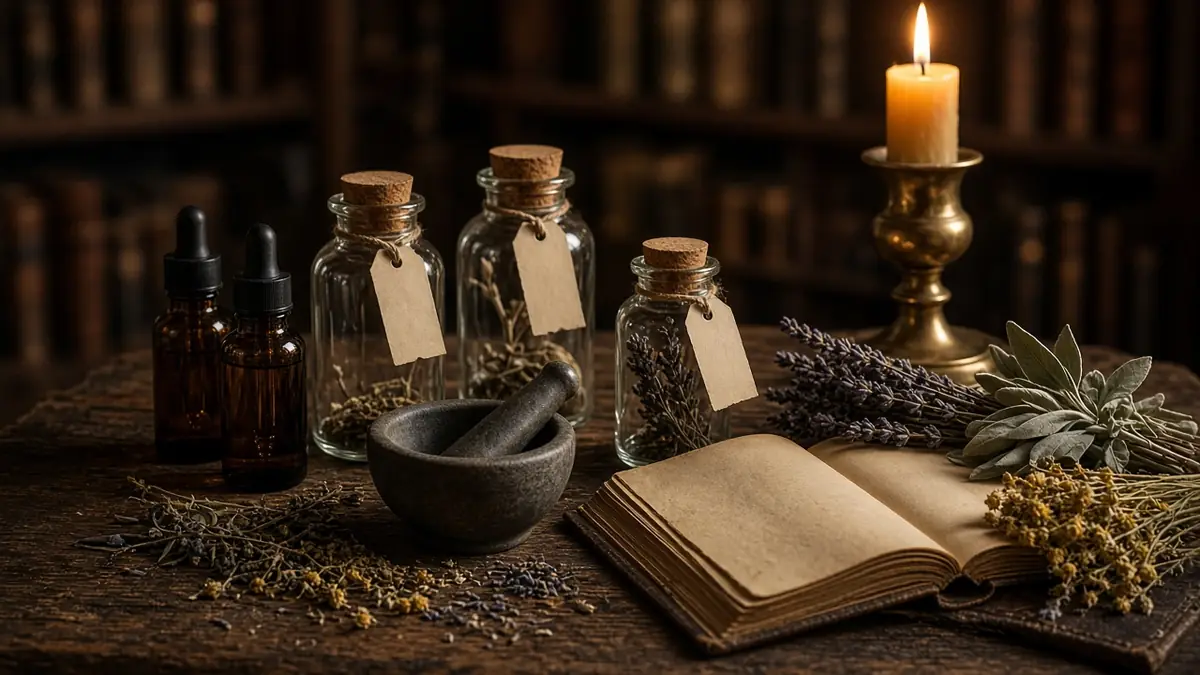Corked glass jars with blank parchment tags, amber bottles, a stone mortar and pestle, dried lavender and sage, and an open old book beside a brass candlestick